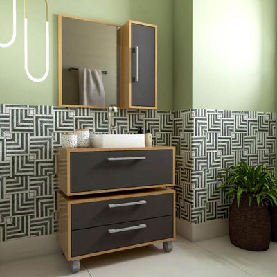 Gabinete 80cm Alice Mel Grafite Balcão Espelheira Cuba Branca Armário Suspenso 2 Gavetas Para Banheiro