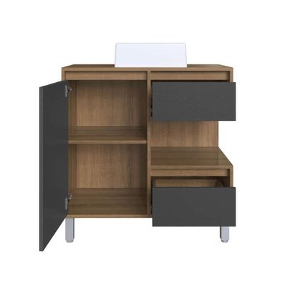 Gabinete Banheiro 80cm Paula Mel Grafite Cuba Branca Gavetas 1 Porta e 1 Nicho