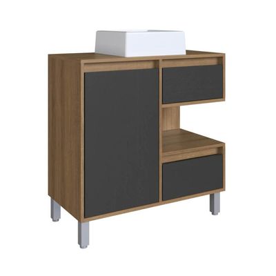 Gabinete Banheiro 80cm Paula Mel Grafite Cuba Branca Gavetas 1 Porta e 1 Nicho