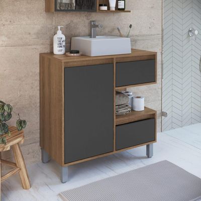 Gabinete Banheiro 80cm Paula Mel Grafite Cuba Branca Gavetas 1 Porta e 1 Nicho