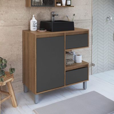 Gabinete Banheiro 80cm Paula Mel Grafite Cuba Preta Gavetas 1 Porta e 1 Nicho