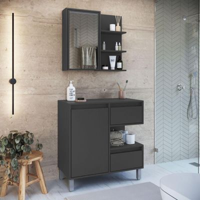 Gabinete Banheiro 80cm Paula Grafite com Espelheira 1 Porta Sem Cuba