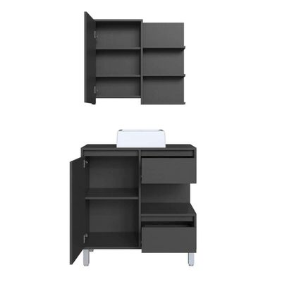 Gabinete 80cm Paula Grafite com Espelheira Porta Cuba Branca Em Mármore Sintético De Banheiro