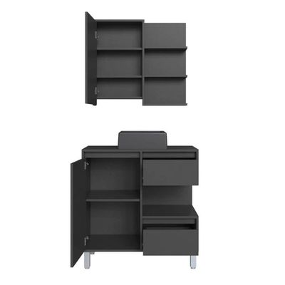 Gabinete 80cm Paula Grafite com Espelheira Porta Cuba Preta Em Mármore Sintético De Banheiro