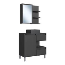 Gabinete 80cm Paula Grafite com Espelheira Porta Cuba Preta Em Mármore Sintético De Banheiro