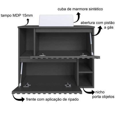 Gabinete De Banheiro Suspenso 75cm Luiza Grafite Cuba Branca e 2 Portas Basculante