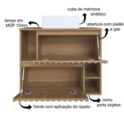 Gabinete De Banheiro Suspenso 75cm Luiza Mel com Cuba Branca e 2 Portas Basculante