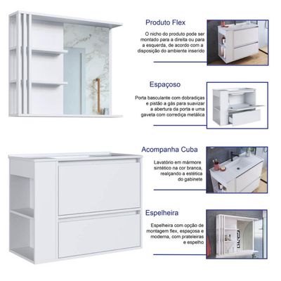 Gabinete De Banheiro 80cm Estela Branco Lavatório Espelheira com 1 Gavetão E Basculante