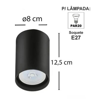 Kit 12 Spots de Sobrepor para Teto 8x12,5cm Preto Bivolt Lum
