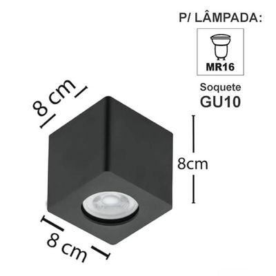 Kit 2 Spots Quadrados de Sobrepor Luminária de Teto Preta Zoom Bivolt Sala Quarto Corredor