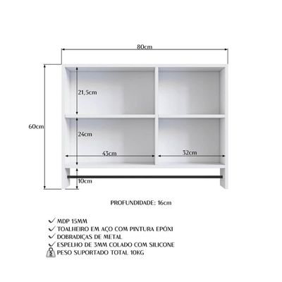 Armário Espelheira para Banheiro ES8020 com 1 Porta 1 Toalheiro e Nichos Branco