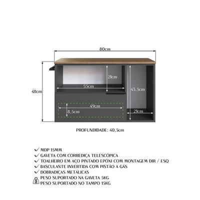 Gabinete de Banheiro Suspenso 80cm  Grafite e Mel com Toalheiro 2 Portas e 1 Gaveta BH8020
