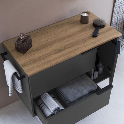Gabinete de Banheiro Suspenso 80cm  Grafite e Mel com Toalheiro 2 Portas e 1 Gaveta BH8020