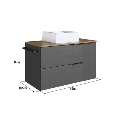 Gabinete de Banheiro Suspenso 80cm com Cuba e Toalheiro 2 Portas 1 Gaveta Grafite e Mel