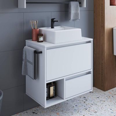 Gabinete de Banheiro Suspenso Branco 60cm com Cuba e Toalheiro 1 Porta e 1 Gaveta