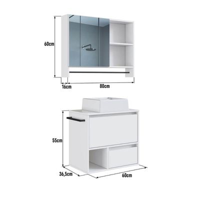 Conjunto para Banheiro Branco Gabinete Suspenso 60cm com Toalheiro Cuba e Espelheira 80cm