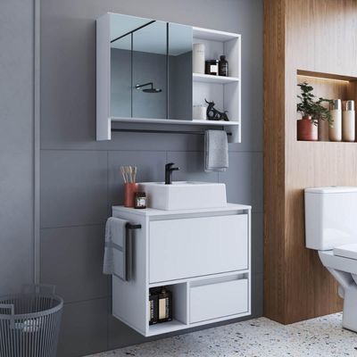 Conjunto para Banheiro Branco Gabinete Suspenso 60cm com Toalheiro Cuba e Espelheira 80cm