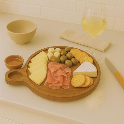 Petisqueira Teca para Frios Queijos Carnes 23cm Cabo Servir Aperitivos Tábua