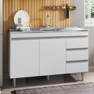 Balcão De Cozinha Com Pia Inox 100cm 3 Gavetas Andréia Branco - Ajl Móveis