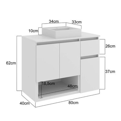 Gabinete de Banheiro Suspenso 80x40x62cm Aurora com Cuba Branco MDP Faema