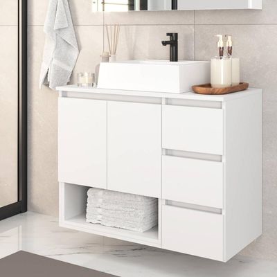 Gabinete de Banheiro Suspenso 80x62cm Vitória com Cuba Branco MDP Faema