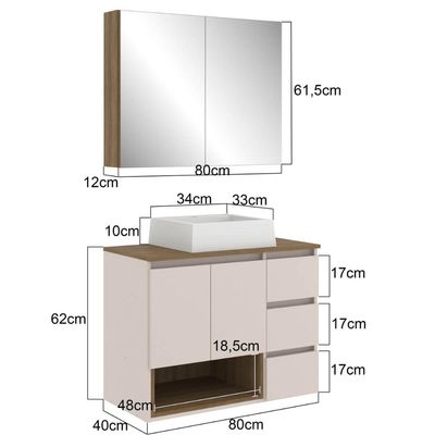 Conjunto Gabinete de Banheiro 80cm Vitória com Espelheira e Cuba Mel Arenas MDP Faema