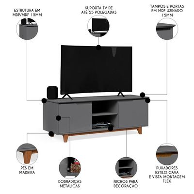 Rack Para Sala Bancada De 55 Pol 139cm Flow Cinza - Ej Móveis