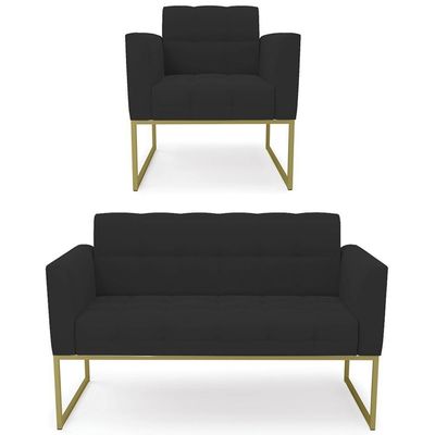 Sofá Namoradeira E 1 Poltrona Base Industrial Dourado Ana Veludo Preto - Ibiza
