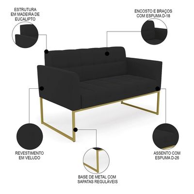 Sofá Namoradeira E 1 Poltrona Base Industrial Dourado Ana Veludo Preto - Ibiza