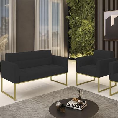 Sofá Namoradeira E 1 Poltrona Base Industrial Dourado Ana Veludo Preto - Ibiza