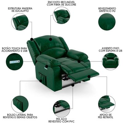 Poltrona Do Papai Reclinável Pietra Elétrica Led Fh9 Pu Verde Musgo - Mpozenato