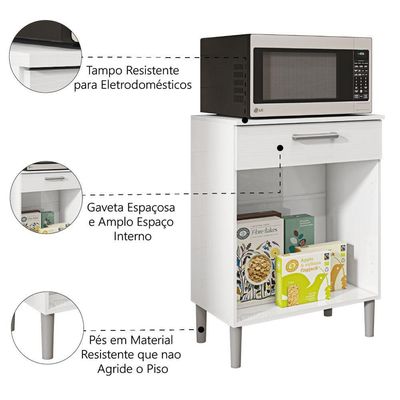 Armário De Cozinha Balcão Multiuso Para Micro Ondas Com Gaveta Diamante Branco Kit's Paraná Branco