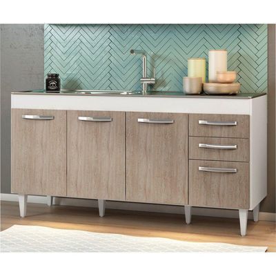 Balcão Gabinete áustria E Pia Inox 160cm 4 Portas - Lumil Móveis Branco-castanho
