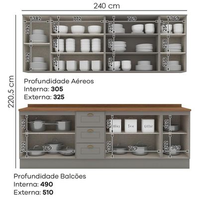 Cozinha Modulada 9 Pecas 240cm Ce856 Americana Henn Cinza Nature