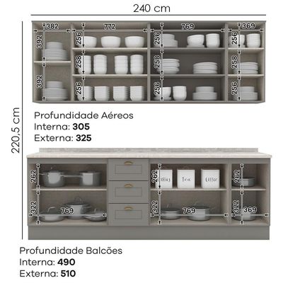 Cozinha Modulada 9 Pecas 240 Cm Ce856 Americana Henn Cinza Calcare