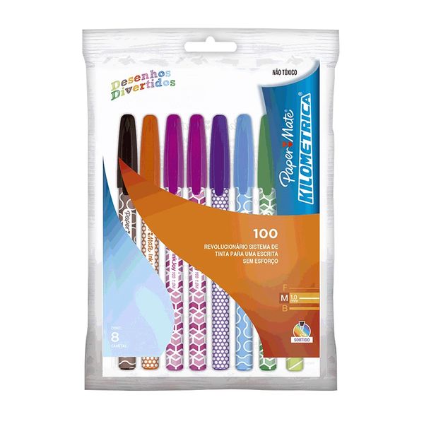Caneta Esferográfica Papermate KM100 Colors 1.0mm com 8 Unidades