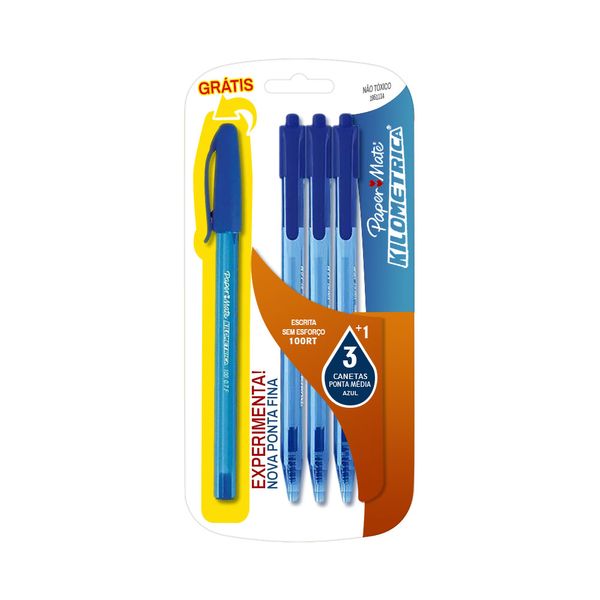 Caneta Esferográfica Papermate Km 100 Retrátil 1.0mm + 0.7mm Azul com 3 Unidades