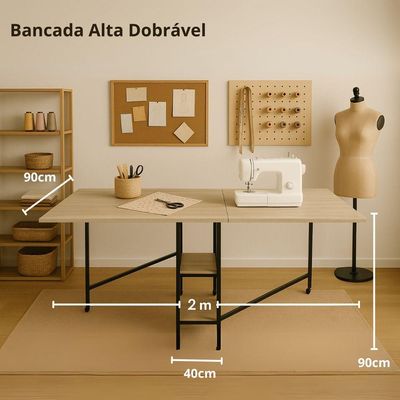 Bancada Alta Dobrável 2m Amadeirado Claro Ergonômica Multiuso Para Atelier Festa Cozinha Mdf Ferro