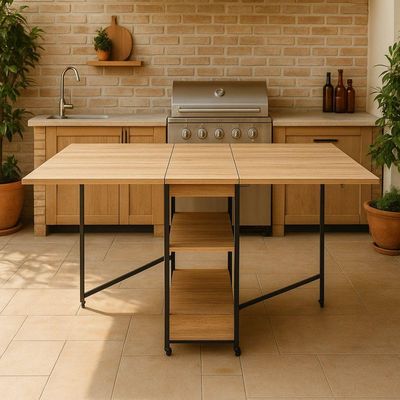 Bancada Alta Dobrável 2m Amadeirado Claro Ergonômica Multiuso Para Atelier Festa Cozinha Mdf Ferro