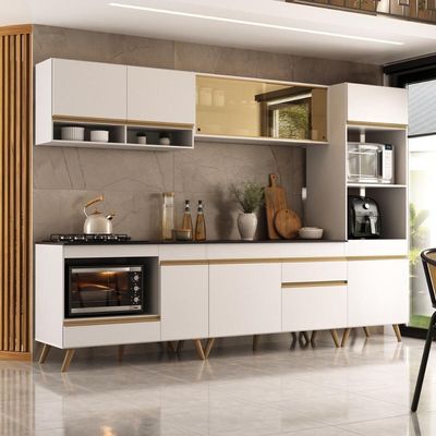 Cozinha Modulada Completa Compacta 287cm Com Balcão Para Cooktop Veneza Multimóveis Mp2269 Branco Dourado