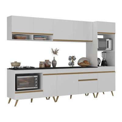 Cozinha Modulada Completa Compacta 5 Peças Com Balcão Para Cooktop Veneza Multimóveis Mp2268 Branco Dourado