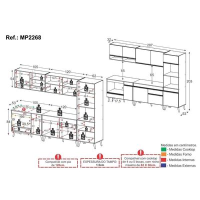 Cozinha Modulada Completa Compacta 5 Peças Com Balcão Para Cooktop Veneza Multimóveis Mp2268 Branco Dourado