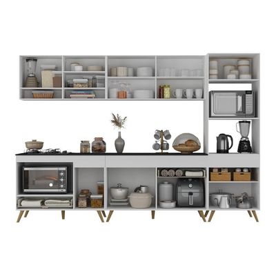 Cozinha Modulada Completa Compacta 5 Peças Com Balcão Para Cooktop Veneza Multimóveis Mp2268 Branco Dourado