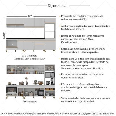 Cozinha Modulada Completa Compacta 5 Peças Com Balcão Para Cooktop Veneza Multimóveis Mp2268 Branco Dourado