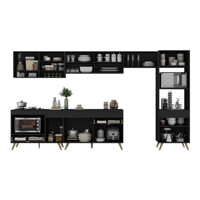 Armário De Cozinha Modulada Completa 357cm Com Balcão Para Cooktop Veneza Multimóveis Mp2274 Preto Dourado