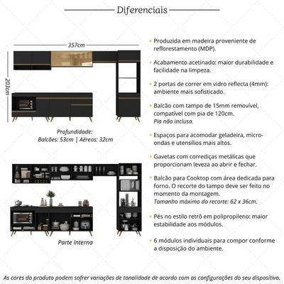 Armário De Cozinha Modulada Completa 357cm Com Balcão Para Cooktop Veneza Multimóveis Mp2274 Preto Dourado