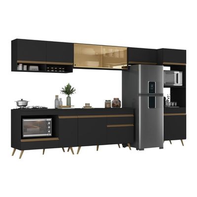 Armário De Cozinha Modulada Completa 357cm Com Balcão Para Cooktop Veneza Multimóveis Mp2274 Preto Dourado
