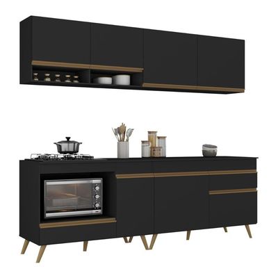Armário De Cozinha Modulada Compacta Com Balcão Para Cooktop Forno Veneza Multimóveis Mp2262 Preto Dourado