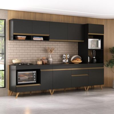 Cozinha Modulada Completa Compacta 5 Peças Com Balcão Para Cooktop Veneza Multimóveis Mp2268 Preto Dourado