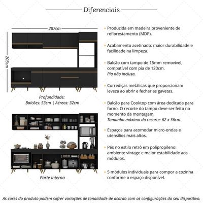 Cozinha Modulada Completa Compacta 5 Peças Com Balcão Para Cooktop Veneza Multimóveis Mp2268 Preto Dourado